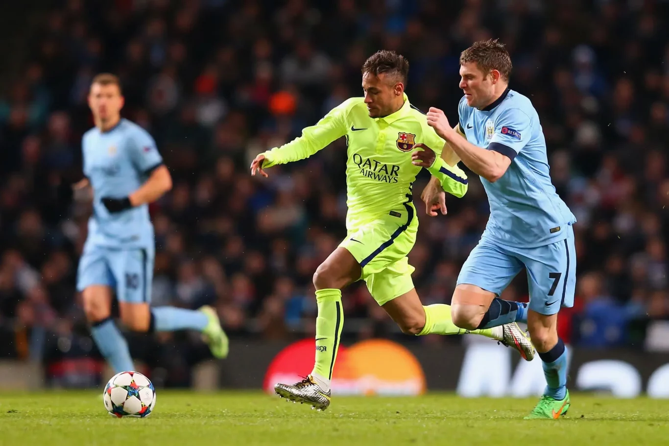 Barcelona player in yellow dribbles past Manchester City defender during UEFA Champions League — featured on 1xBet Login