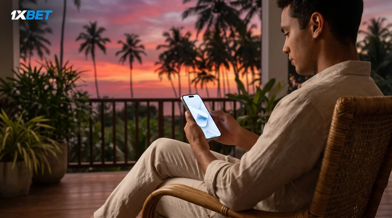 A man smiling and looking at a smartphone displaying the 1xBet app, sitting on a balcony at a tropical resort during sunset. A 1xBet logo is in the corner