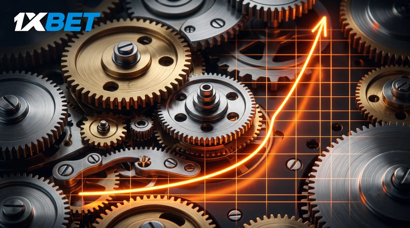 Intricate machine with interlocking metallic gears and a glowing orange upward trend graph, symbolizing the increasing coefficient in the Aviator game, with the 1xBet logo in the top left