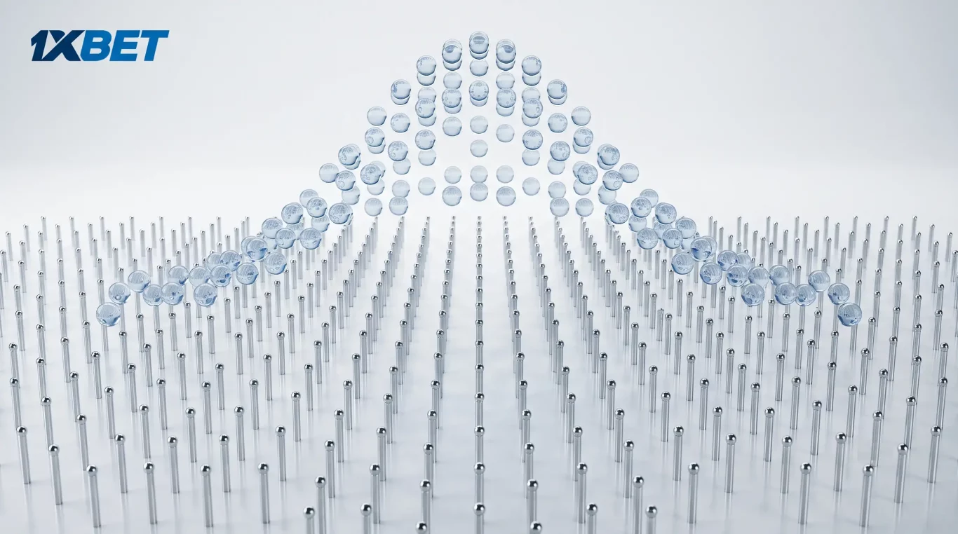 A detailed 3D rendering illustrating the Plinko game, showing numerous clear spheres cascading through a field of metal pegs to form a Gaussian probability curve, with the 1xBet logo in the top left corner
