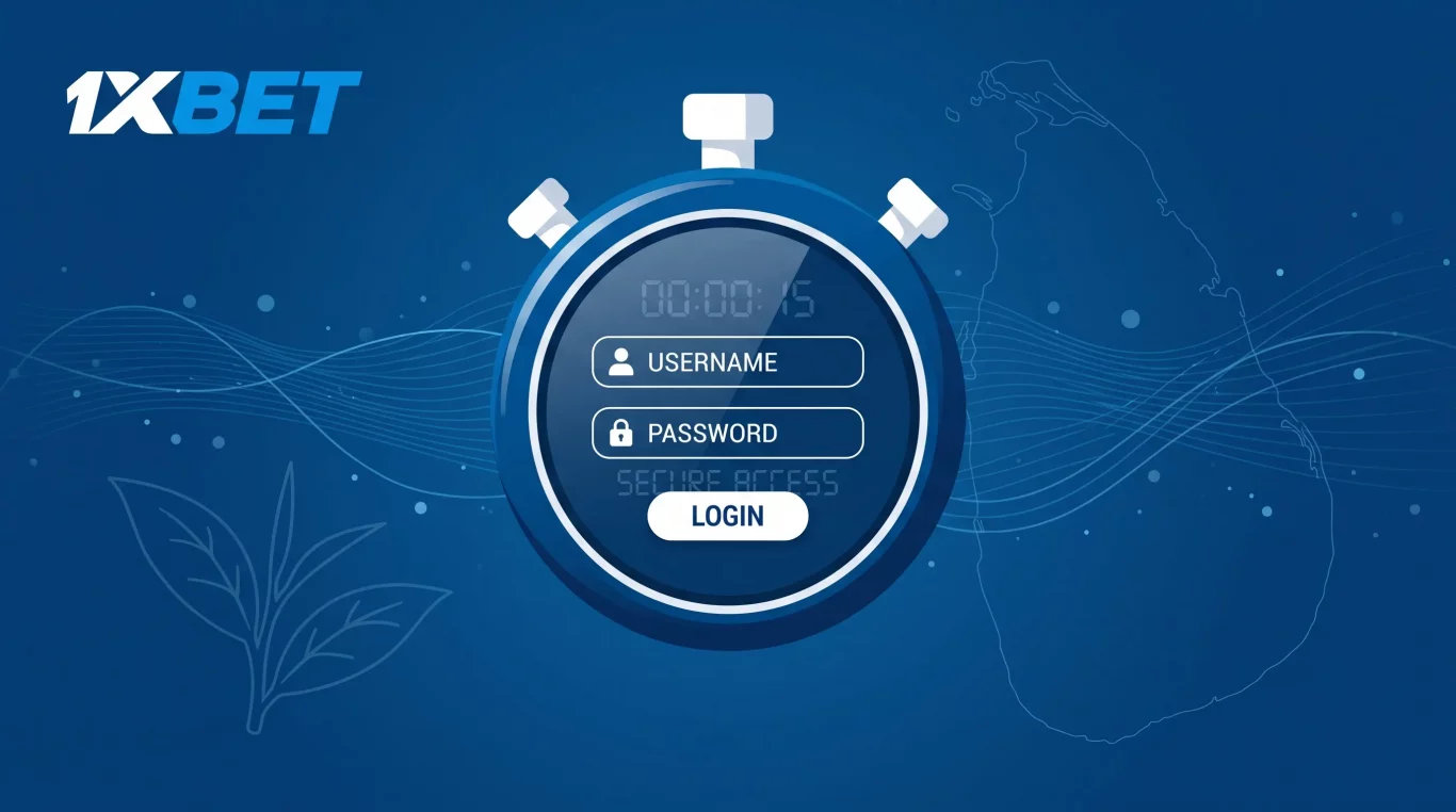 Modern flat illustration depicting the 1XBET casino login interface in the form of a blue stopwatch. Inside the stopwatch is a digital display, USERNAME and PASSWORD input fields, and a LOGIN button. On a blue background is the 1xBet logo, an outline of a map of Sri Lanka, and stylized tea leaves